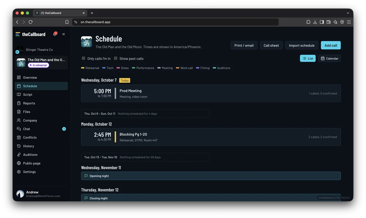 theCallboard on the web: a show's schedule with calls by day, confirmations, gaps between rehearsals, and opening and closing night.